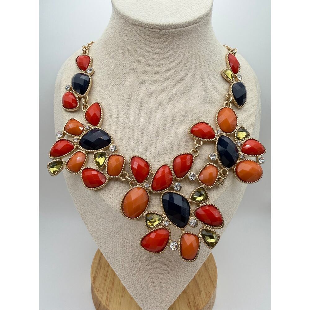 Orange Black Statement Bib Necklace | Faceted Gem Collar - Picture 1 of 3